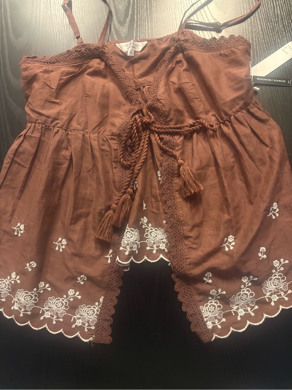 Women’s Brown Embroidered Babydoll Top with Tassel Tie
